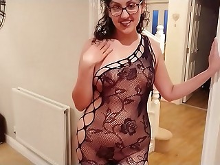 Sexy exhibitionist girl next door in black fishnet body stocking wants cream but gets fucked and oral creampie instead sloppy blowjob POV Indian 11 min